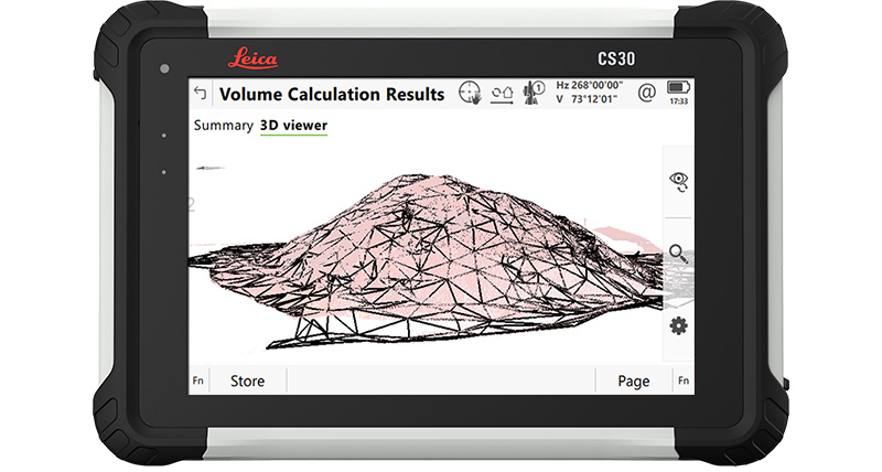 Leica Captivate surveying software Quick volume app showing a stockpile in 3D view on a CS30 tablet tablet.