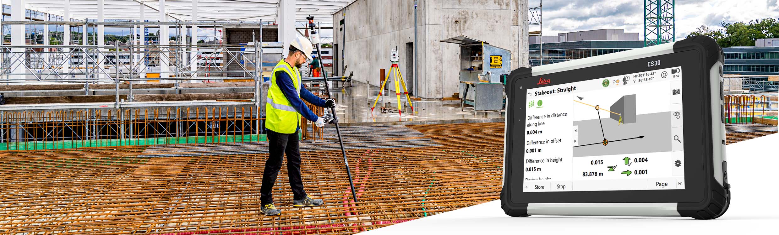Engineering surveyor staking out a point below rebars on a construction site with a CS30 tablet showing Leica Captivate surveying software.