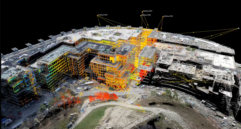 Nubes de puntos UAV y MS60 de un edificio de grandes dimensiones en construcción visualizado con el software topográfico de oficina Leica Infinity, mostrado en intensidad de color.